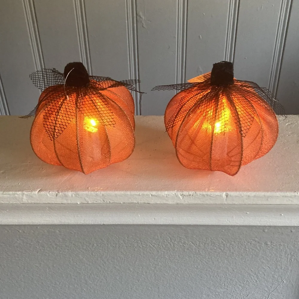 NWT- 2- Elegant Orange Lace Covered Light Up LED Halloween Pumpkin Decorations